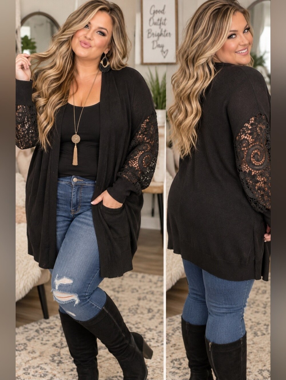Torrid Size 2 Black Lace Sleeve Open Front Long Cardigan Sweater Plus Size